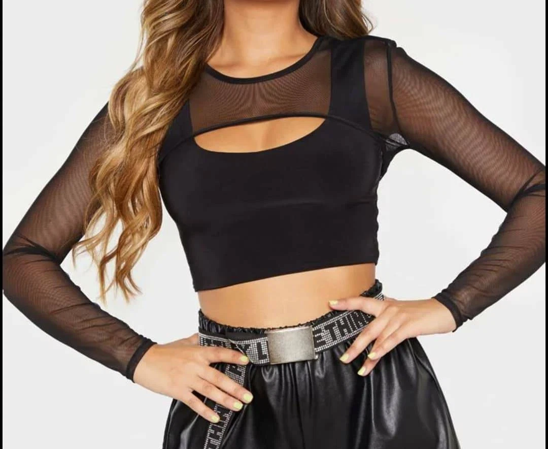 NEW Long Sleeve Sheer Black Mesh Crop Festival Top - Size M