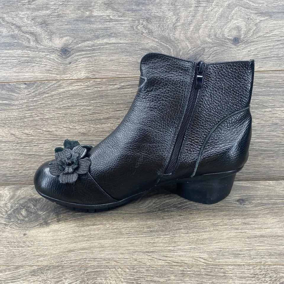 Botines de invierno retro con cremallera de cuero al tobillo flor vintage para mujer talla 8,5 negros Foto 4 de 4