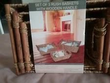 Set of 3  Straw Nesting Storage Baskets with Wooden Dowel Handles -New