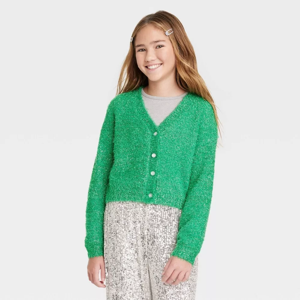 Girls' Eyelash Cardigan Sweater - art class Green M