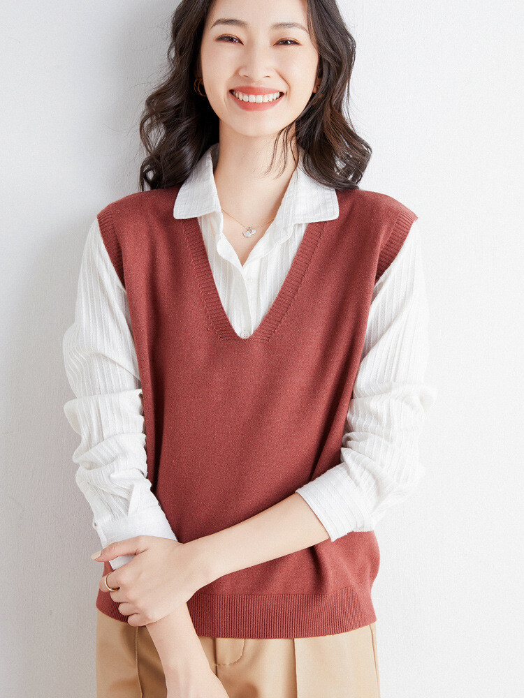 Casual UK V Neck Tank Top Pullover for Women Sleeveless Knit Vest Jumper Sweater-image