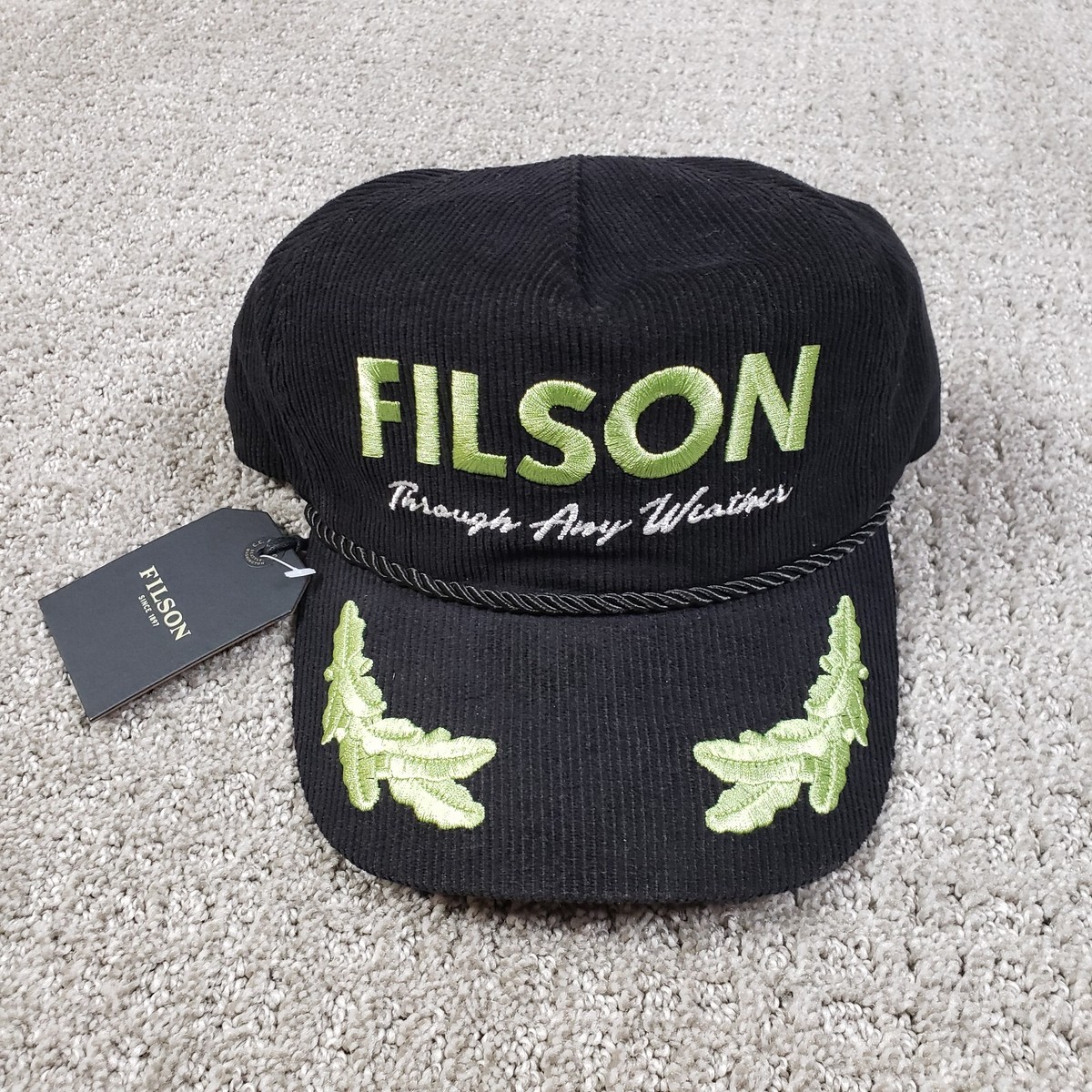 NWT Filson Captains Hat Rope Forester Cap Black Corduroy Gold Foil