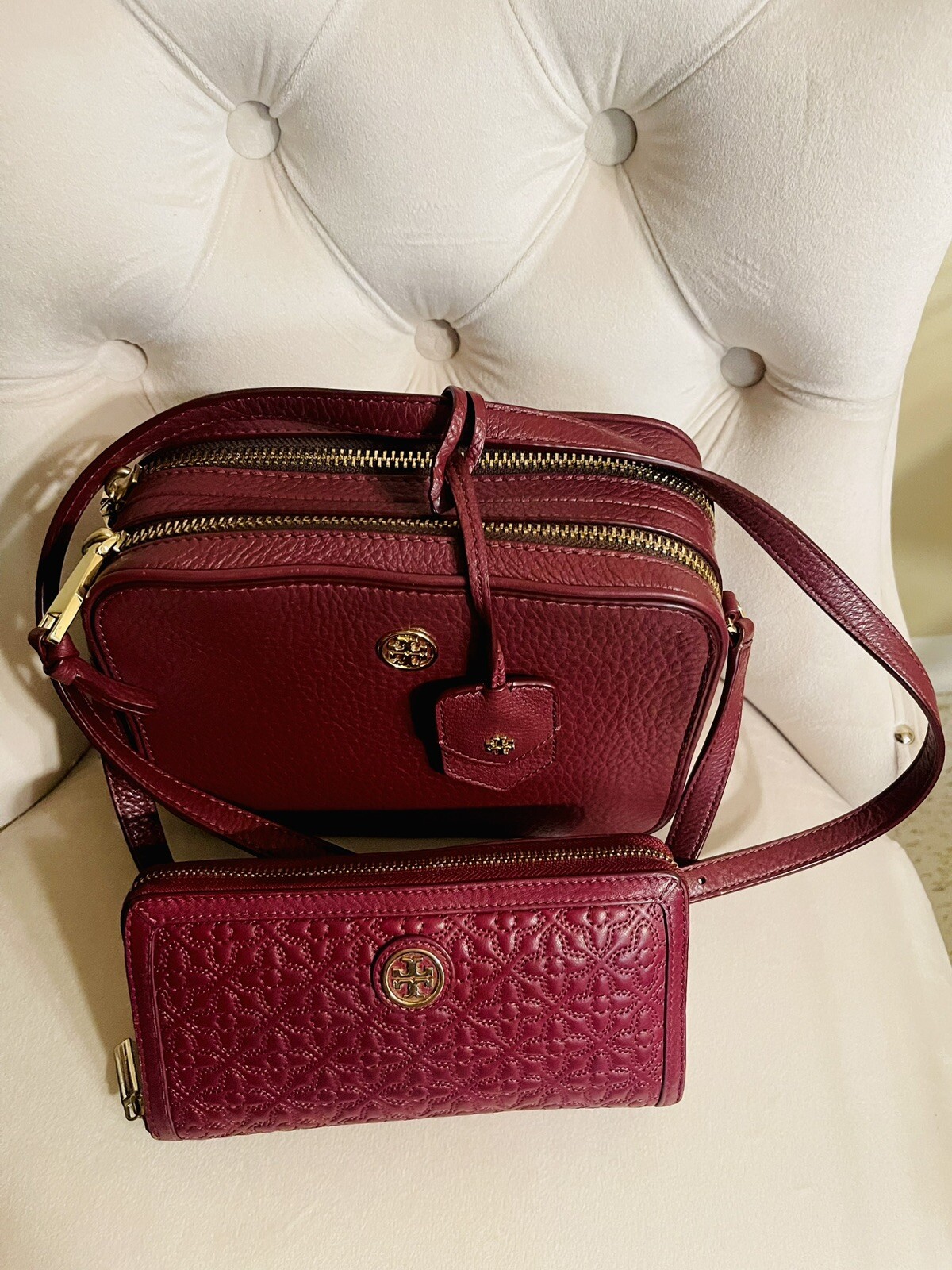 Tory Burch Fleming Crossbody and Matching Wallet Wine… Gem