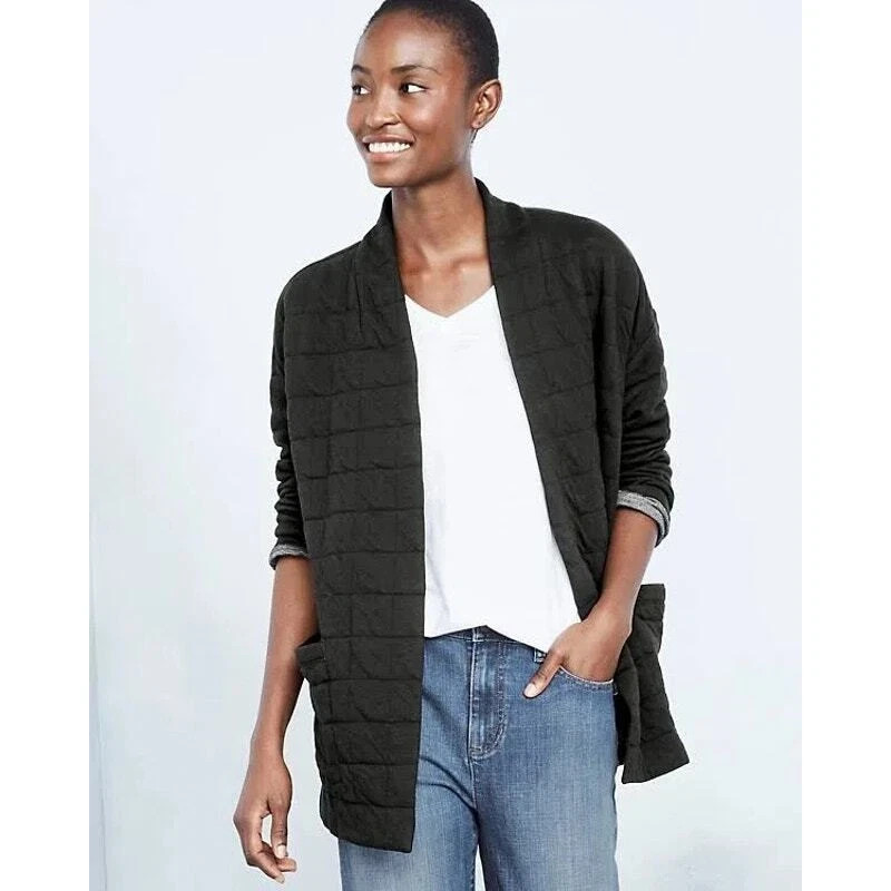 Eileen Fisher Minimalist Classic Black Quilted Organic Cotton Jacket Sz L