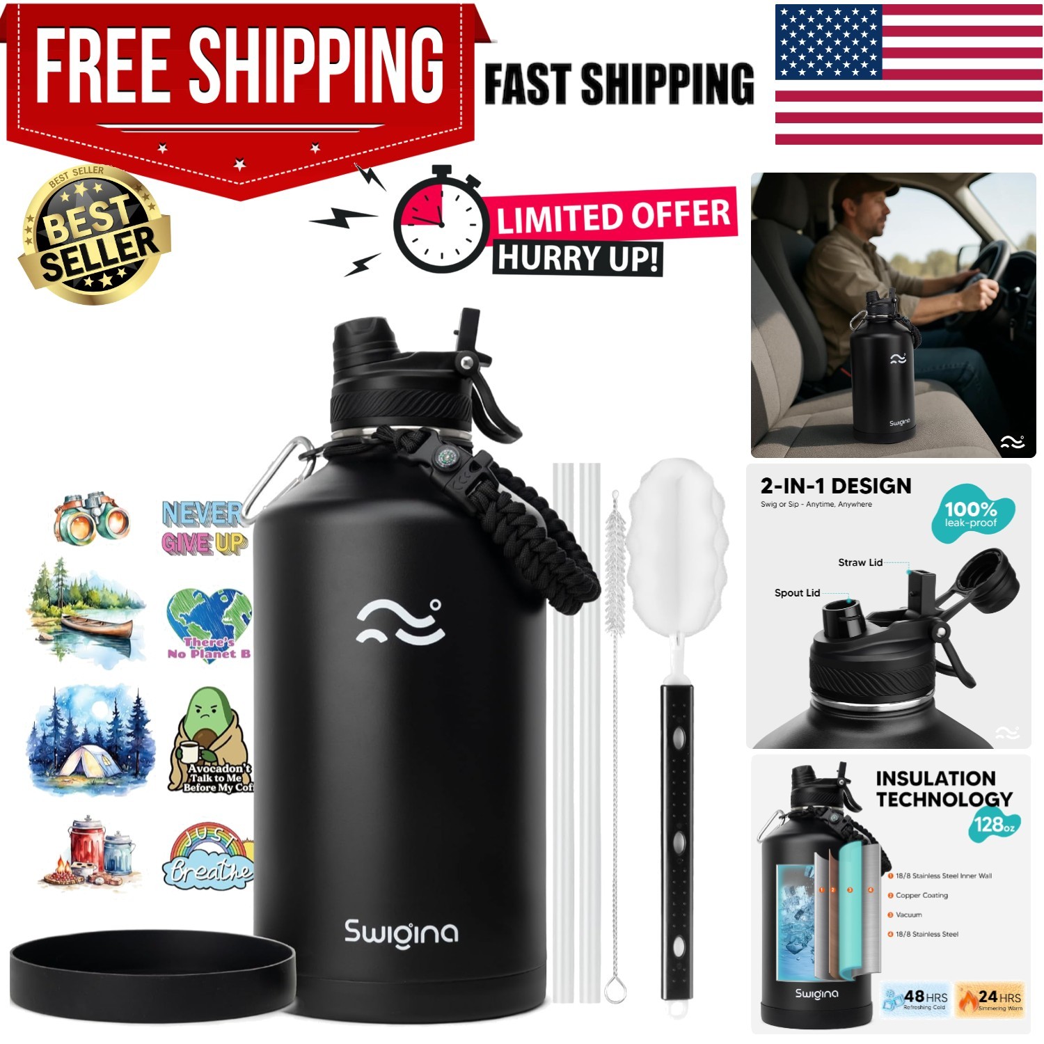 1 Gallon Insulated Water Bottle - 128oz Leak Proof Stainless Steel Water Jug