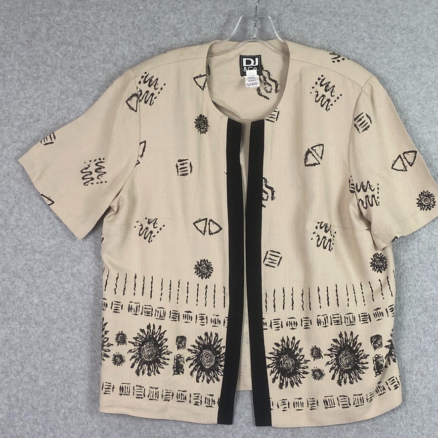 DJ & Co Dawn Joy Jacket Womens 14 Beige Black Open Short Sle