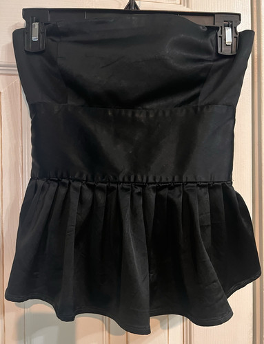 Zara Basic Black Satin Strapless Peplum Bow Back Bustier Top Size Small Y2K