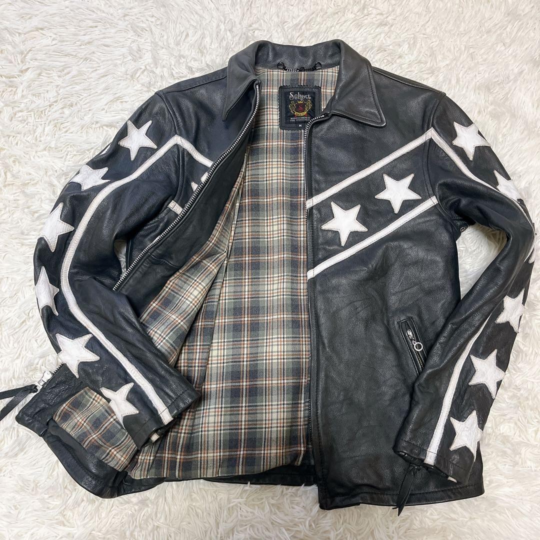 Schott Leather Star Pattern Rider Jacket Black US… - image 1
