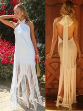 NWT Show Me Your Mumu Jasmine Fringe Halter Maxi Dress Ivory Luxe Satin SIZE S