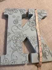 Large 12" Letter "K Wall Decor Boho Cottage Cute Light Blue Embossed Silver