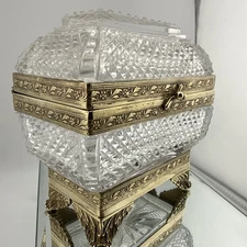 Vintage Large French Baccarat Cut Glass Ormolu Bronze Casket Box 4.5x4.5x3’’