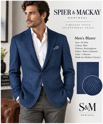 Spier & Mackay Men's 36 Slim Blue Herringbone Wool Cashmere Blazer