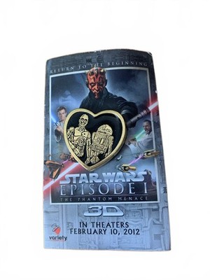 Star Wars Episode I 3D C-3PO R2-D2 Heart Pin Gold Tone Sci-Fi Geek Core