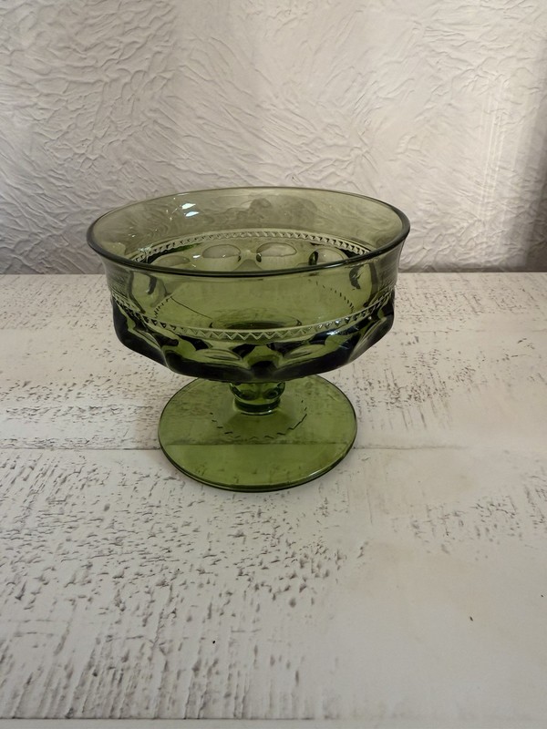 Indiana Glass Sherbet Dish Green Kings Crown Colony Thumbprint Ice Cream VTG