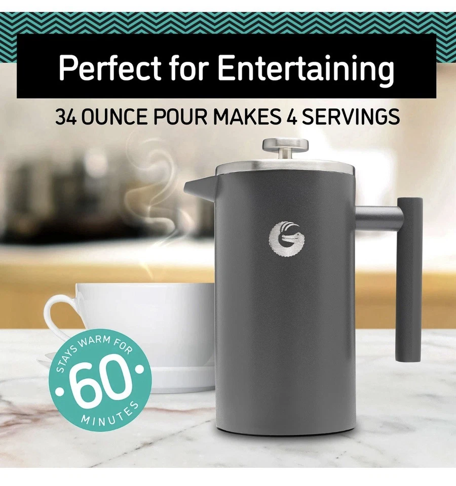 Cafetera Prensa Francesa Coffee Gator - Aislada, Acero Inoxidable Manual Negra Foto 3 de 4