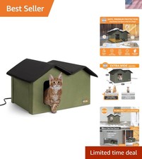 Durable Waterproof Heated Cat Shelter - Olive Insulated House with Escape Exits