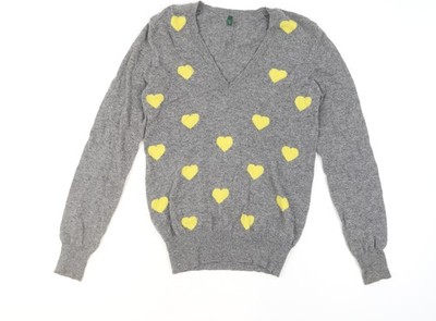 Benetton Damen Pullover grau gelb Herz Wollmischung V-Ausschnitt Größe M