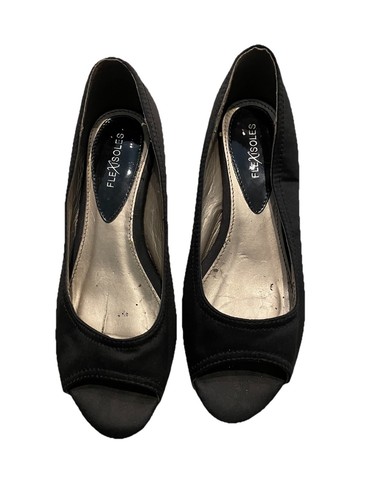 Flexisole Black Open Toe Shoes Small Wedge Heel Great Condition 5EEE £10 - Picture 1 of 6
