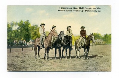 Pendleton OR, 4 Champion Steer Bull-Doggers of the World, Round up, postcard