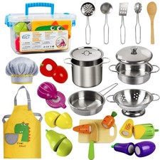 Wooden Play Kitchen Accessories Set, Cooking Toys with Pots, Pans, Utensils Ap
