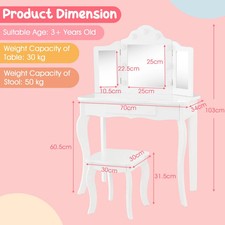 2-in-1 Kids Vanity Table & Stool Set with Tri-Fold Mirror and LED Lights