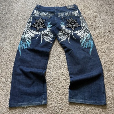 Vintage Y2K Raw Blue ATTRIBUTE Wings Denim Jeans Rare Grunge Baggy 38x34
