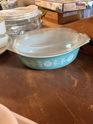 PYREX Turquoise Oval Casserole with Lid Vintage Pressed Glass Oven-Safe