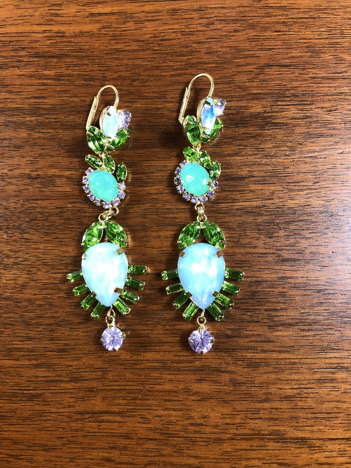 Dangling Statement Wire Pierced Earrings Green, L… - image 1