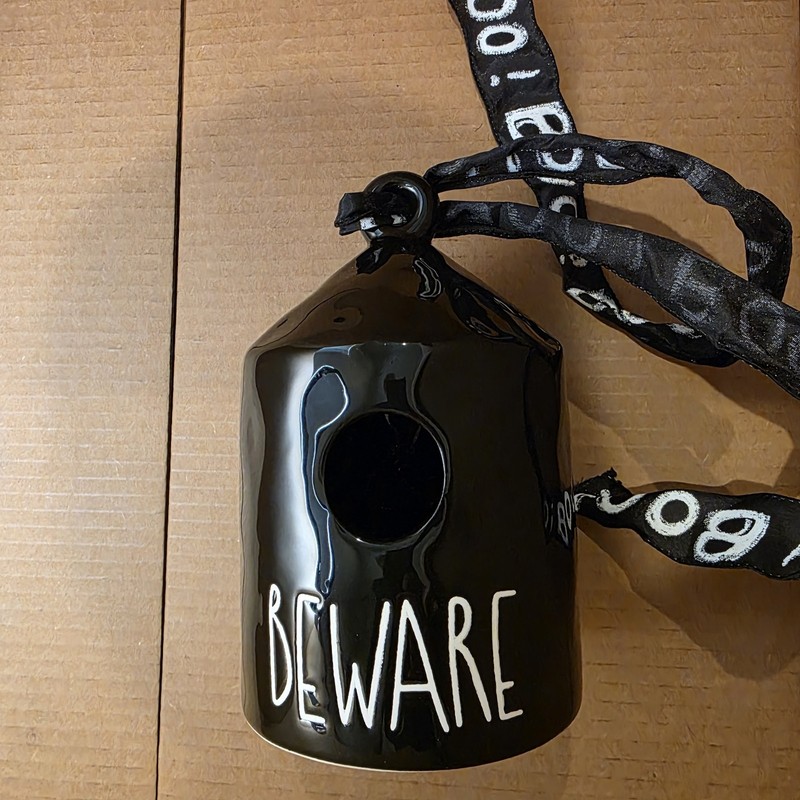 Kathy Diep Ceramic Halloween Bird House Glossy Black BEWARE Rae Dunn Style