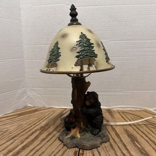 Vintage Zekros Rustic Black Bear Mama And Cub Lamp Tree Shade Rustic Cabin Light