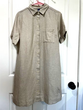Old Navy Women's Neutral Cotton Collar Button Down Roll Up Sleeve Dress Pockets