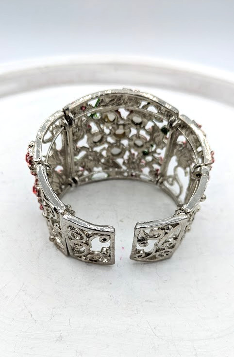 Red Rhinestone Cuff Bracelet Silver Floral - image 4