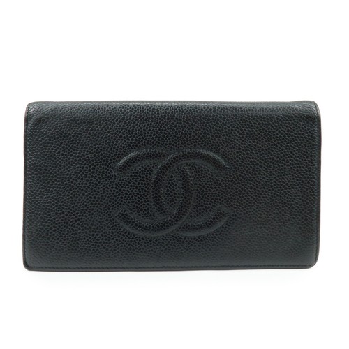 Chanel COCO Mark Caviarskin Long Flap Wallet Black Authentic Used F/S