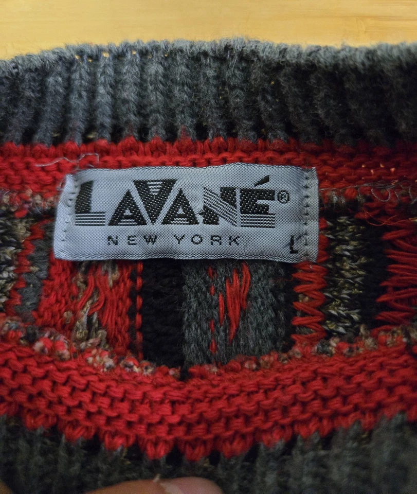 Suéter Vintage Lavane Para Hombre Grande Rojo Gris Negro Tejido Texturizado Estilo Coogi Años 90 Foto 4 de 4
