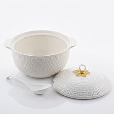 White Ceramic Serving Bowl with Lid & Spoon Embossed Floral Design 28cm