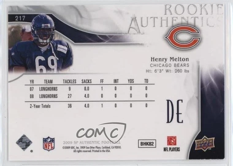 2009 SP Authentic Rookie Authentics /999 Henry Melton #217 Rookie RC - Image 2 of 2