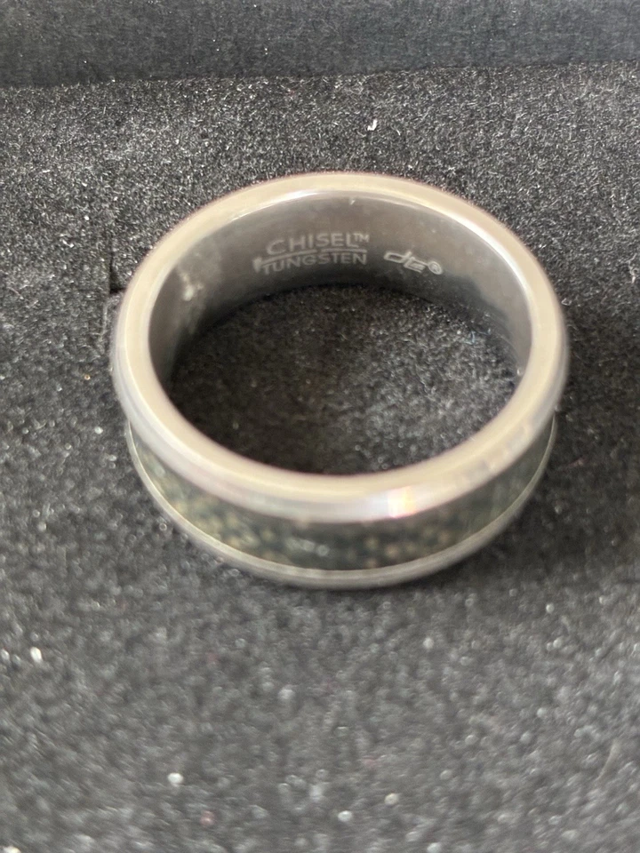 Alianza de boda anillo plateado cincel de tungsteno para hombre talla 10 Foto 2 de 3