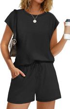 Two Piece Sets for Women Summer Crew Neck Lounge Short Sets Cap Sleeve Drawstrin