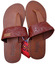 Flojos Women's 9 Grace Sandal Hooded Thong Tobacco Artisan Embossed Faux Leather