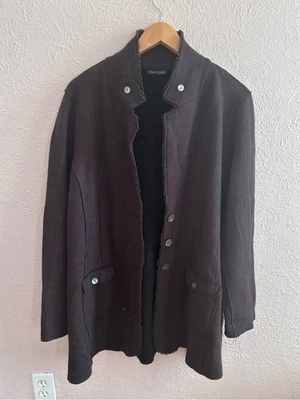 Eileen Fisher Dark Brown Button Front Pea Coat Merino Wool blend Size XL