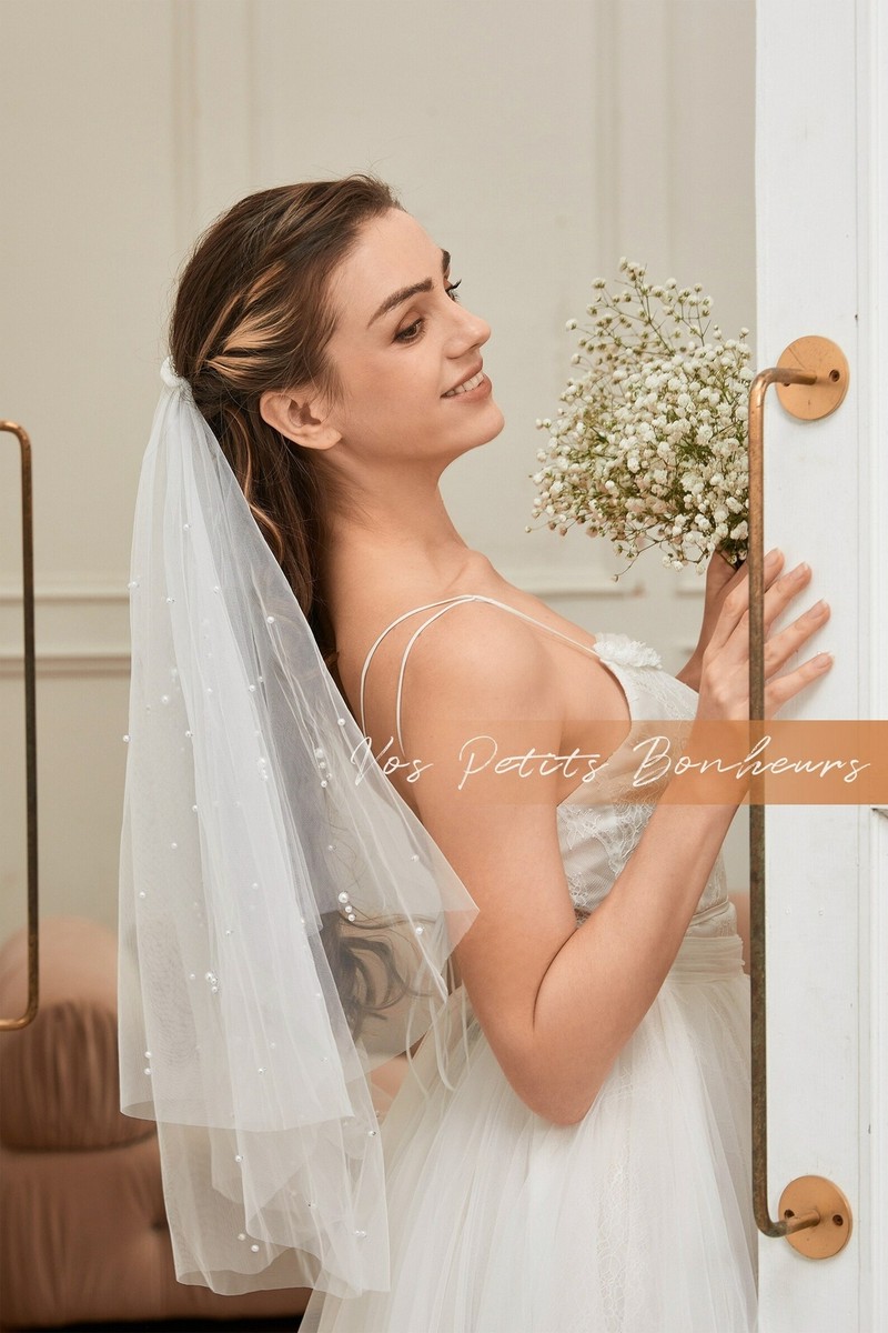 Two Tier Elbow Length Luxury Pearl Beaded Wedding Veil 