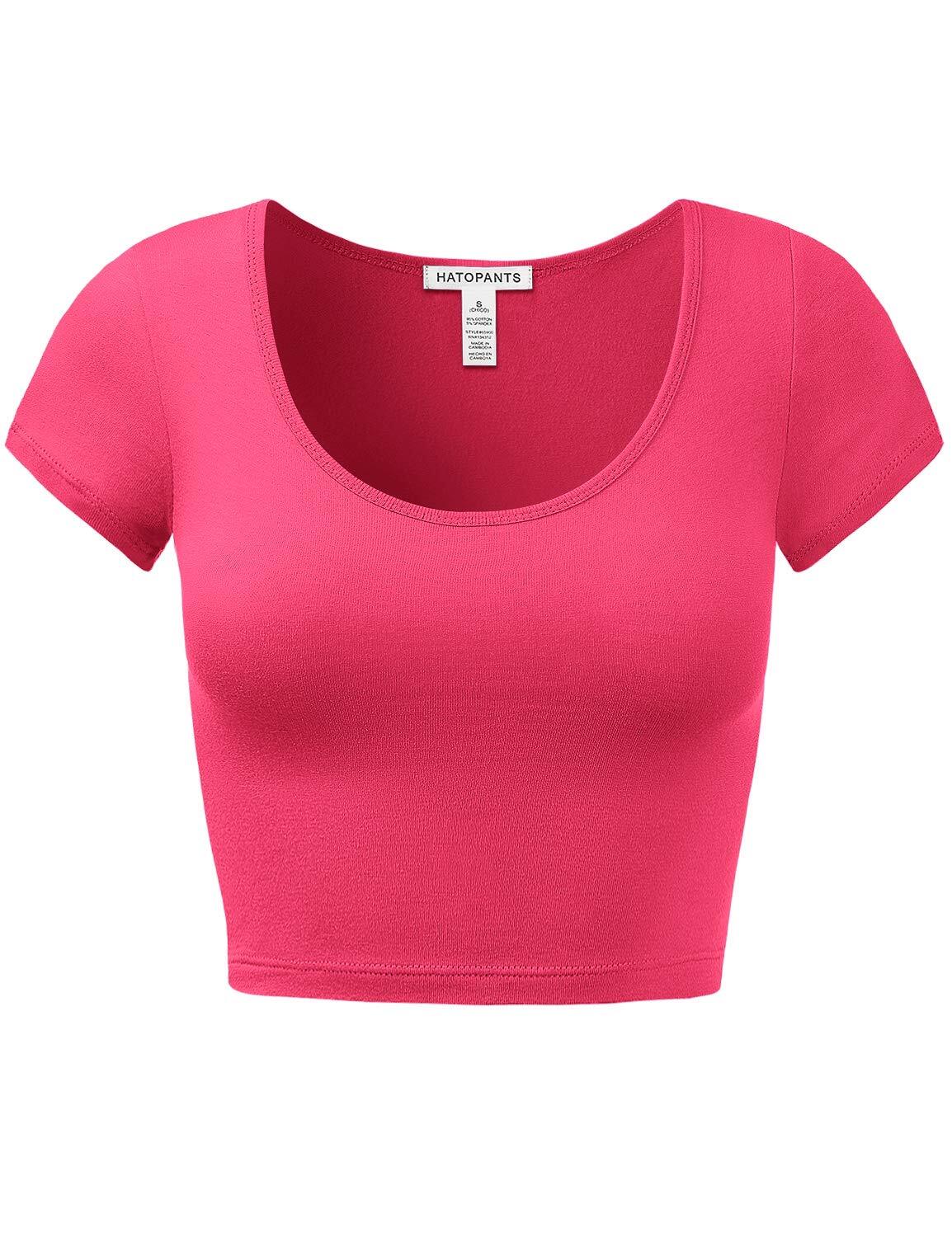 Women's Cotton Crop Top - Short Sleeve, Scoop Neck, Comfy Stretchy Fit In Fuchsia (XL)