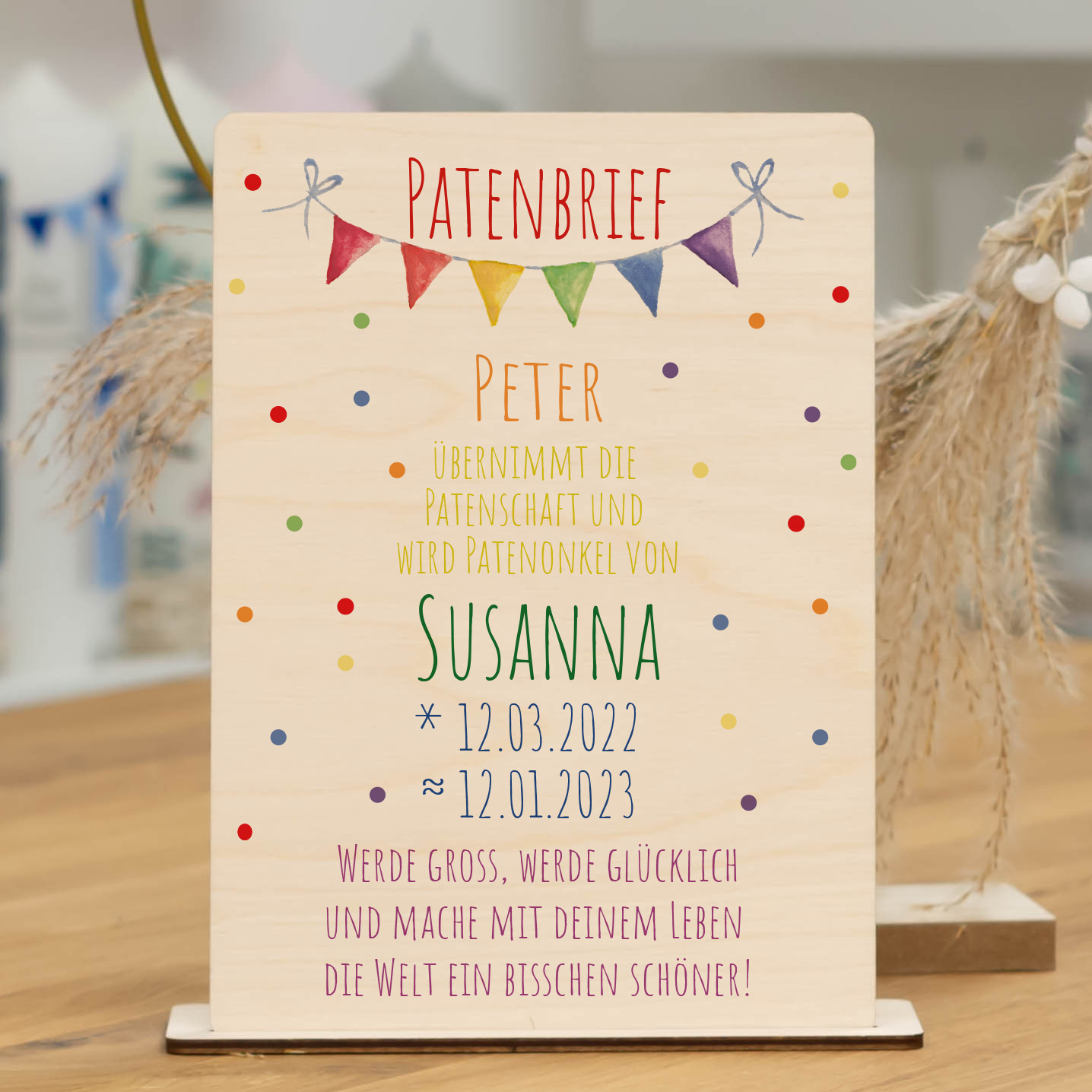 meinkerzenshop® Patenbrief aus Holz KONFETTI für Deine Paten als Geschenk