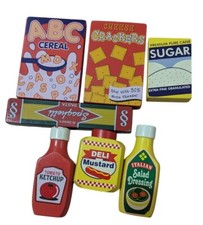 Melissa Doug Wooden Play Food Set Mustard Ketchup cereal crackers sugar