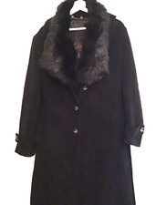 Removable Fur Collar Wool Coat Black Size 14 Vintage Long 50 Inches Long