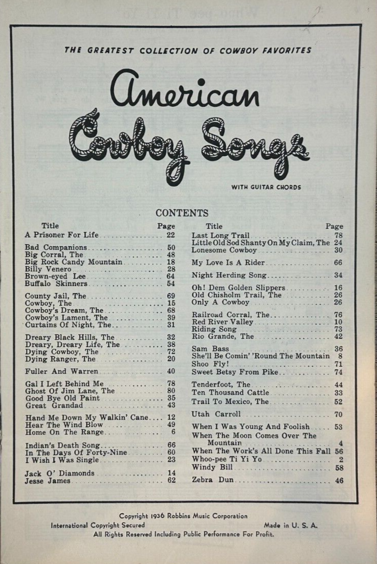 American Cowboy Songs With Guitar Chords 1936 Robbins Music Corp