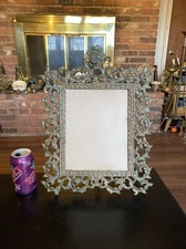 Large Antique Victorian Baroque Rococo Solid Brass Table Picture Frame, 17”x13”