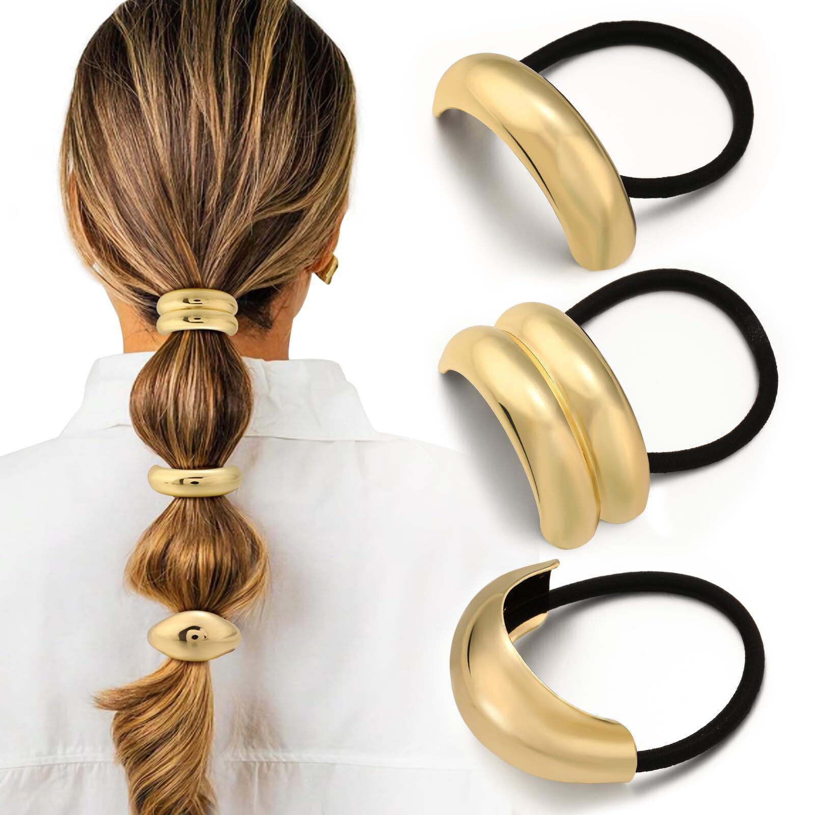 3PCS Gold Geometric Metal Hair Ties for Thick Elegant Durable Hair