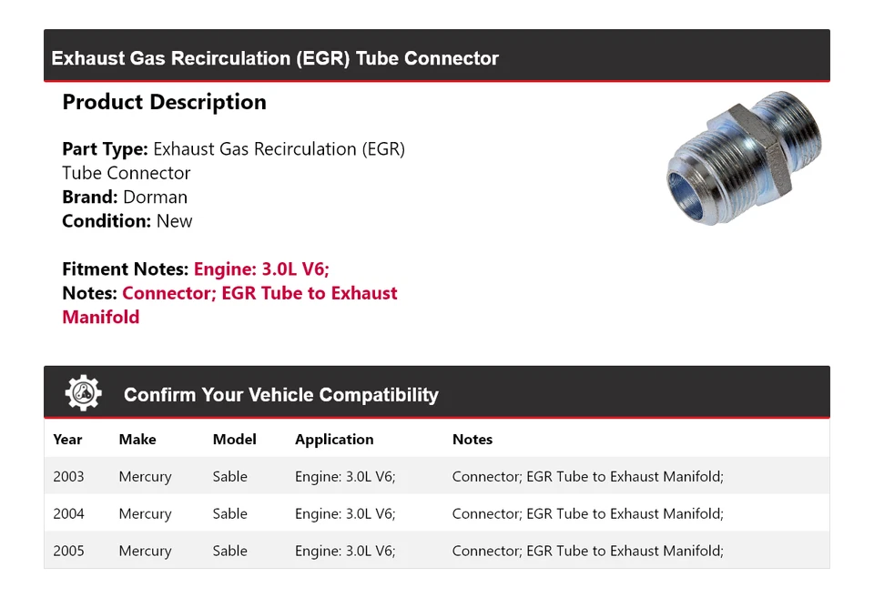 For 2003-2005 Mercury Sable 3.0L V6 Dorman EGR Tube Connector 2004 - Image 2 of 4