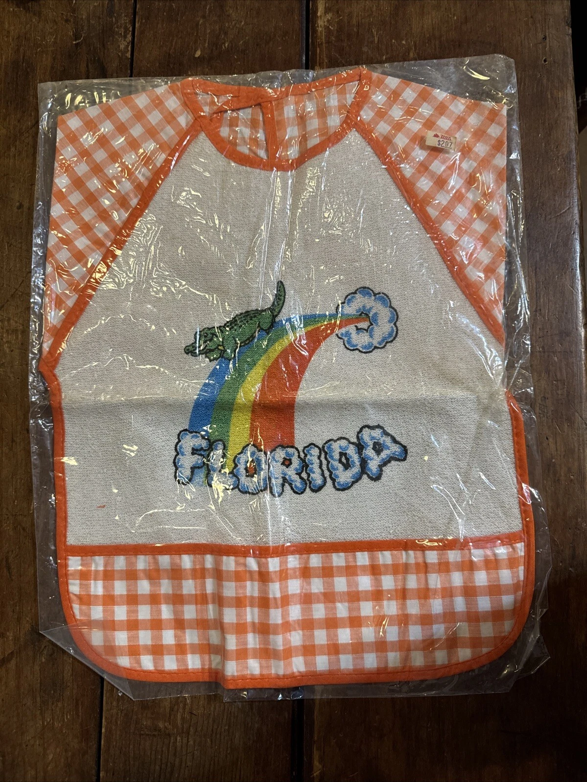 Vintage Florida Baby Bib - alligator rainbow crocodile FL child 1970s feeding